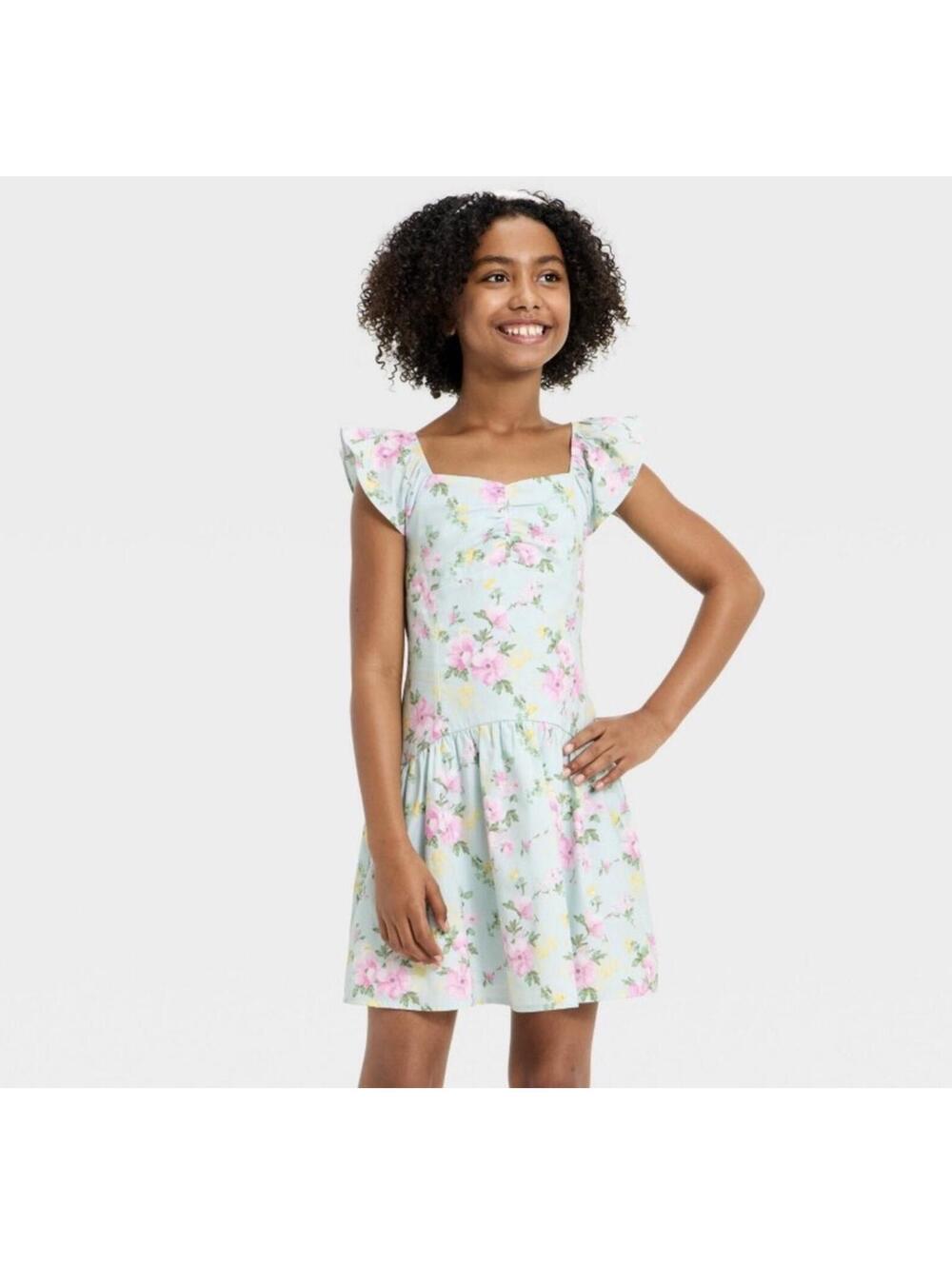 Girls Flutter Sleeve Drop Waist art class Floral Dress Size XL